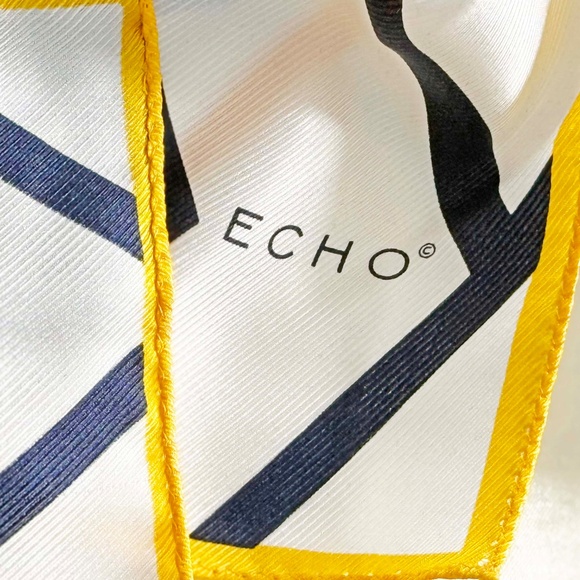 100% SILK SCARF, by ECHO, YELLOW/NAVY/WHITE, 59 X 11 INCHES, MADE IN JAPAN, - Picture 3 of 5